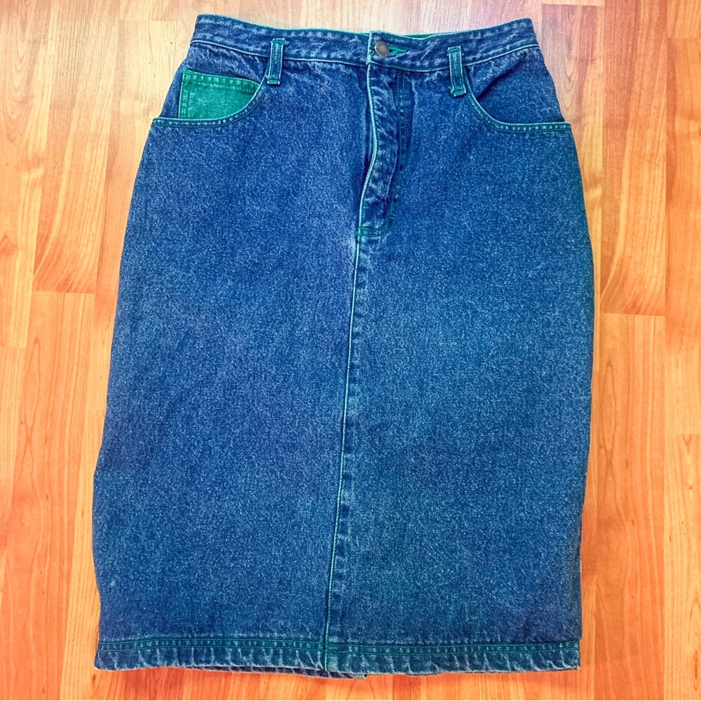 Vintage 80s Geoffrey Hunter Denim Jean Knee Length Midi Skirt 10 Waist 28